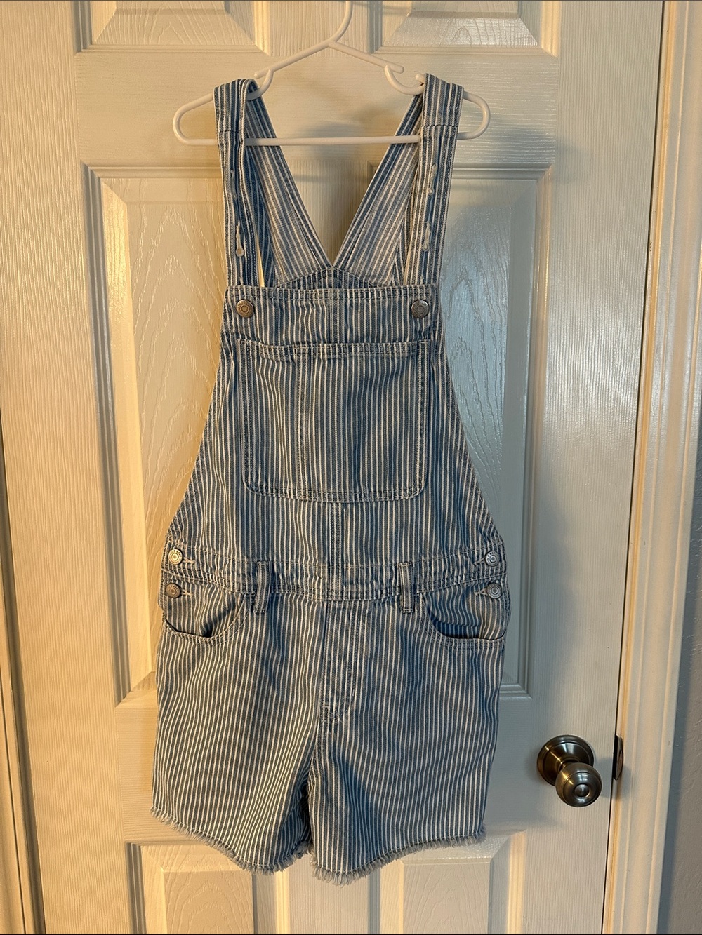 Old Navy Girls’ Blue and White Railroad Striped Raw Hem Short Overalls